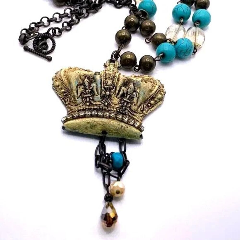 Vintage Bronze Crown Pendant Necklace Faux Turquoise Dangle Whimsigoth Royalcore - Picture 5 of 10